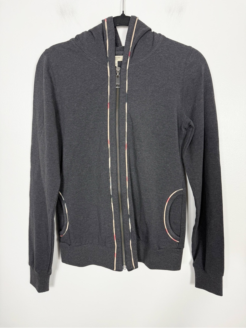 Burberry London Gray Nova Check Trim Zip-Up Jacket Small